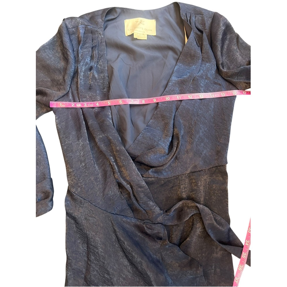 Gal Meets Glam Navy Jennifer Shimmer Satin Wrap Midi Dress Ruffle Hem Size 2 - Picture 6 of 8